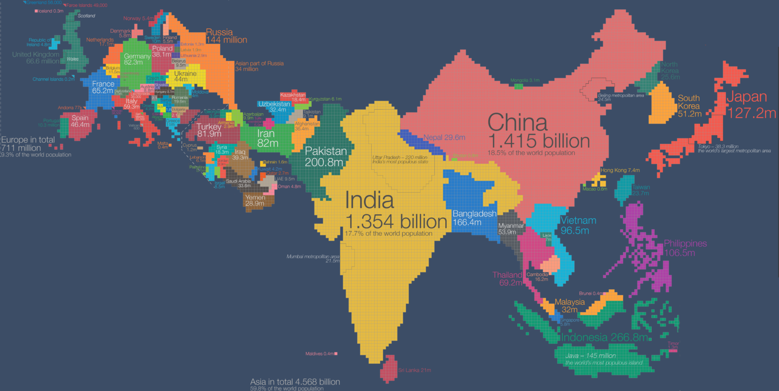 Countries by population. Население стран на карте.